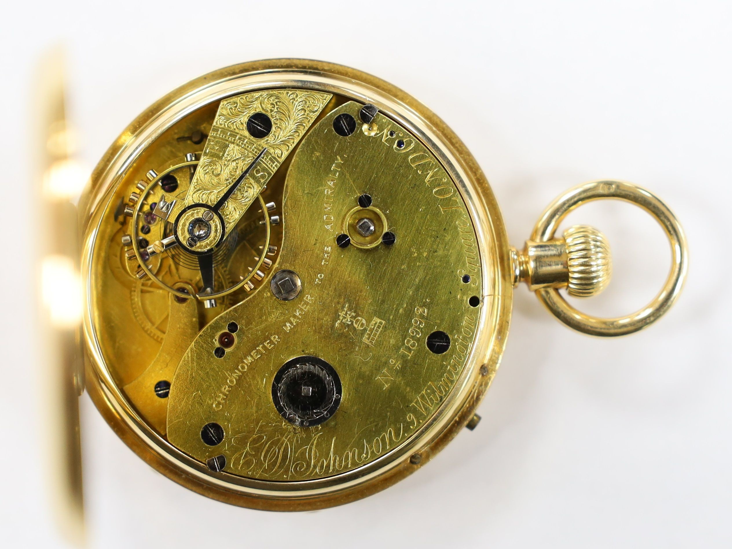 A late Victorian 18ct gold open face pocket watch, by E.G. Johnson, London, with Roman dial and subsidiary second, case diameter 49mm, gross weight 95.7 grams